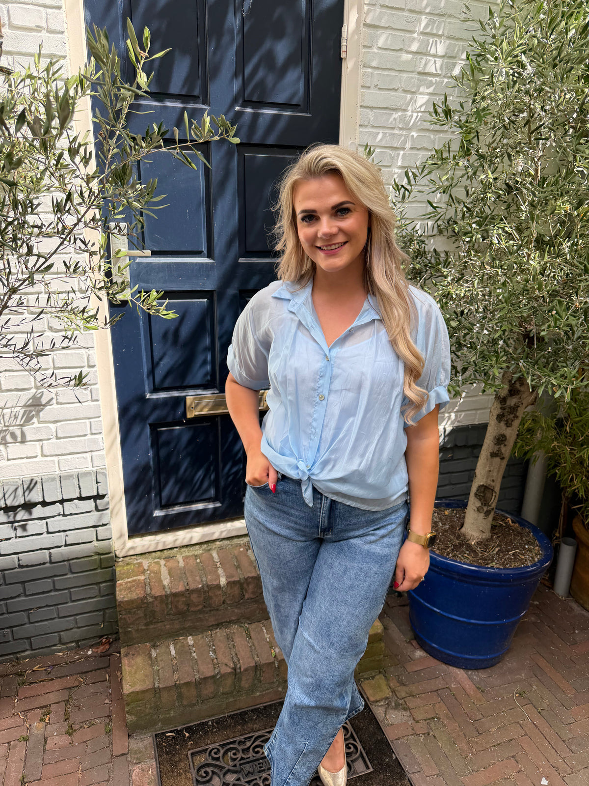 Blouse Knoopdeatail - Licht Blauw
