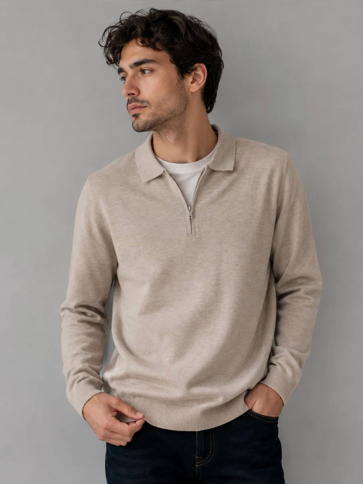 Milan Fine Knit Half Zip - Beige