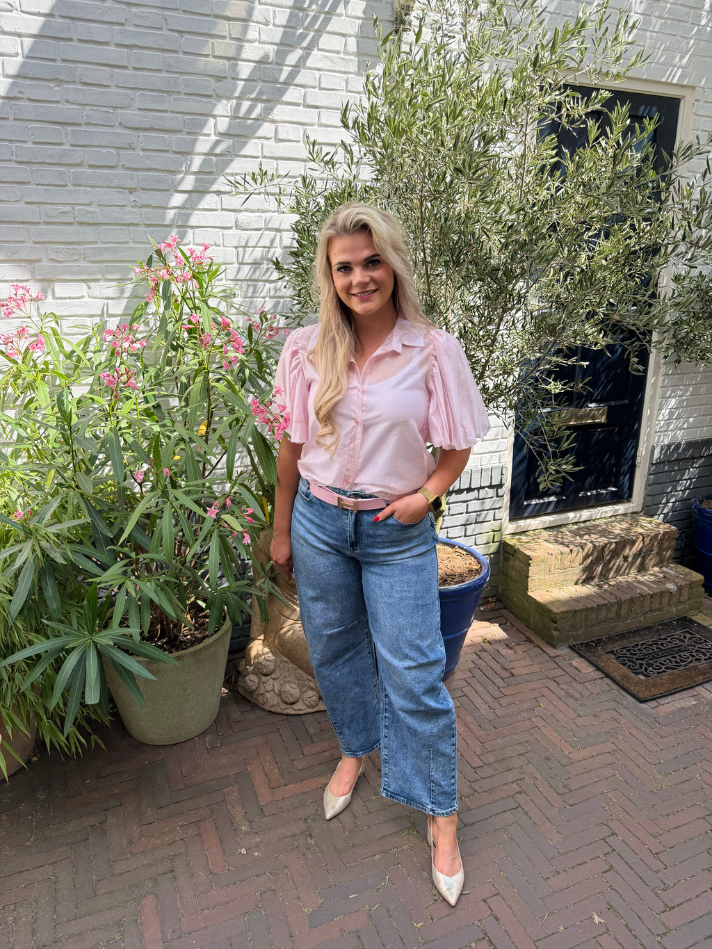 Blouse Pofmouwen Kort -Licht Roze