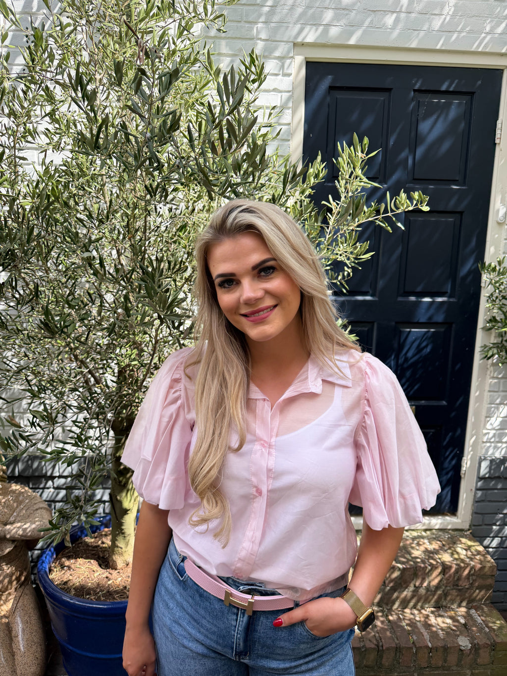 Blouse Pofmouwen Kort -Licht Roze