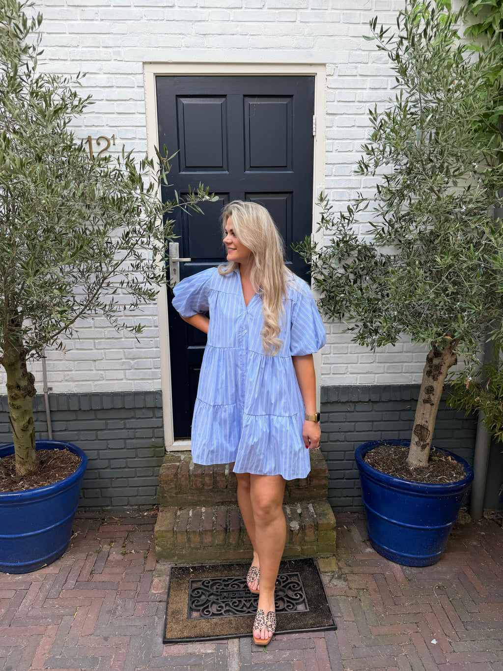 Jurk Pofmouwen Streep - Blauw