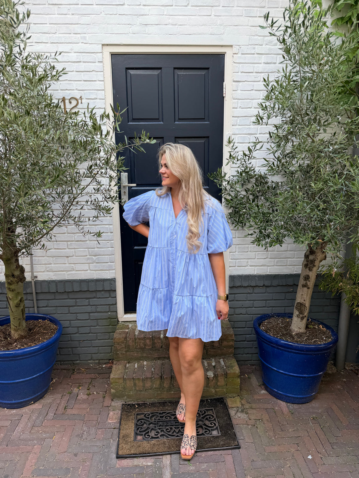 Jurk Pofmouwen Streep - Blauw